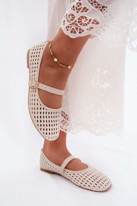 Openwork Ballerinas with Braiding and Strap Beige Solessa