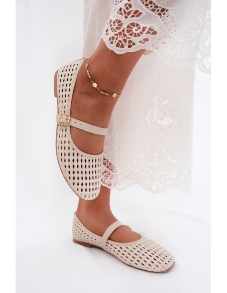 Openwork Ballerinas with Braiding and Strap Beige Solessa