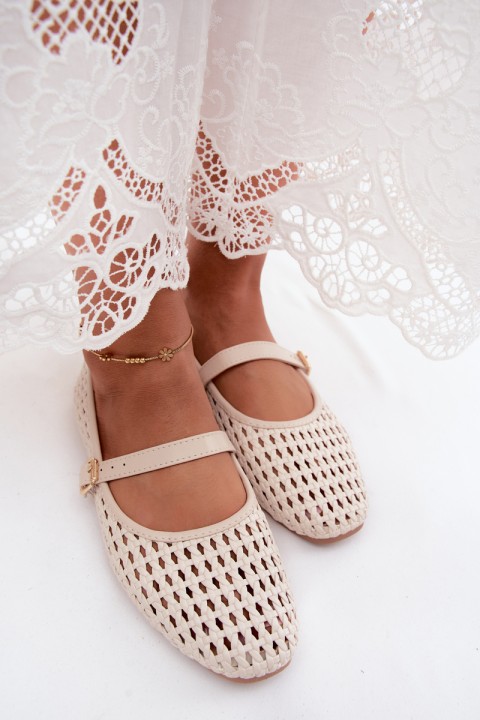 Openwork Ballerinas with Braiding and Strap Beige Solessa