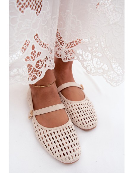 Openwork Ballerinas with Braiding and Strap Beige Solessa