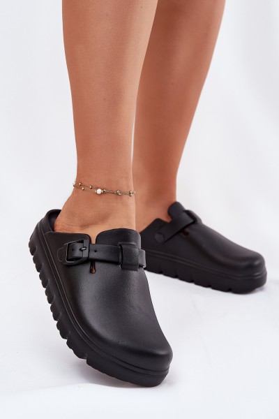 Women Foam Slippers With Strap And Buckle Black Larinie