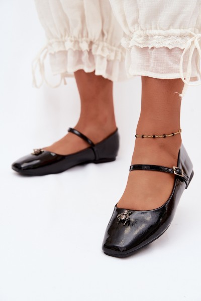 Patent Leather Ballerinas With Strap And Buckle Faux Leather Black Pinea