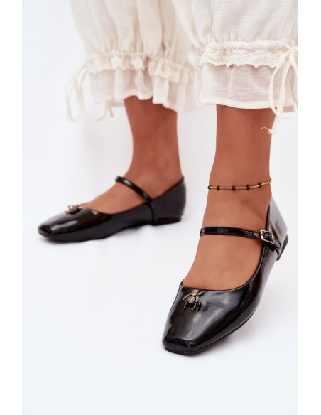Patent Leather Ballerinas With Strap And Buckle Faux Leather Black Pinea