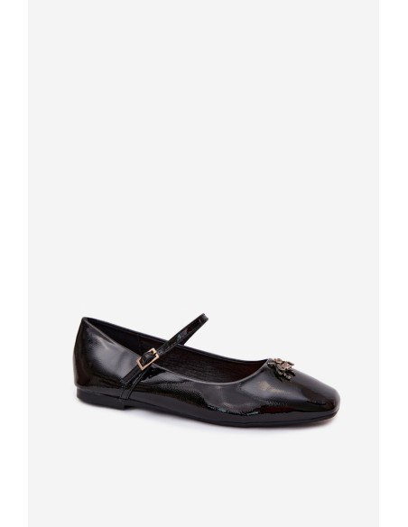 Patent Leather Ballerinas With Strap And Buckle Faux Leather Black Pinea