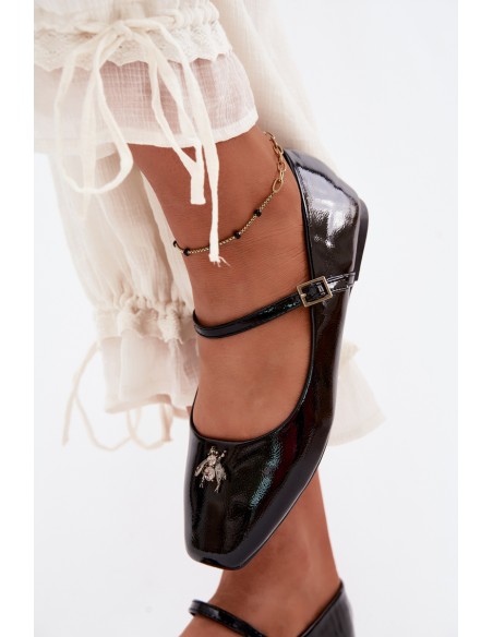 Patent Leather Ballerinas With Strap And Buckle Faux Leather Black Pinea