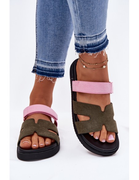 Women's Slippers With Velcro Vinceza 17401 Green-Pink