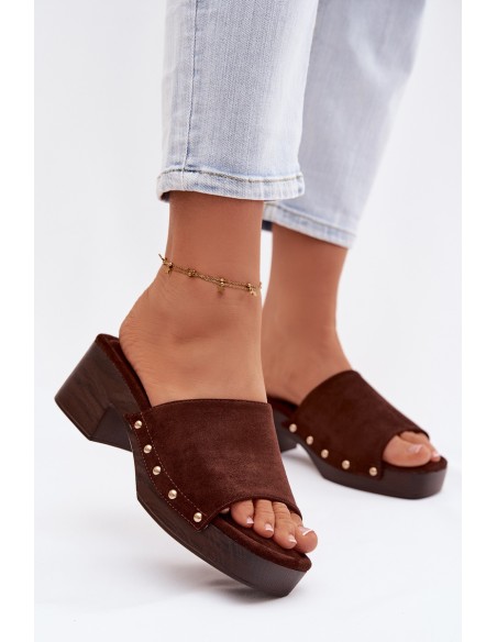 Women's Platform Slippers with Gold Buckles Chocolate Davessa