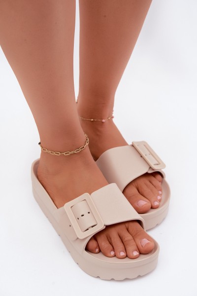 Women's Foam Platform Slides With Buckle Beige Caramel 2
