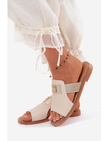 Women's Flat Beige Slides With Gold Strap Pearlie