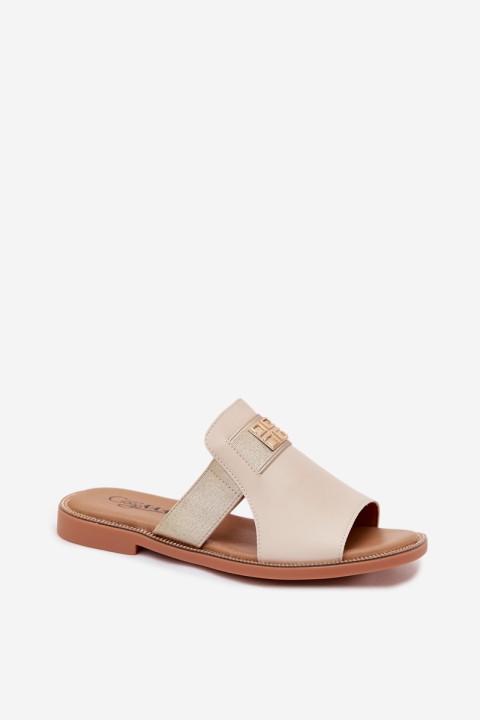Women's Flat Beige Slides With Gold Strap Pearlie