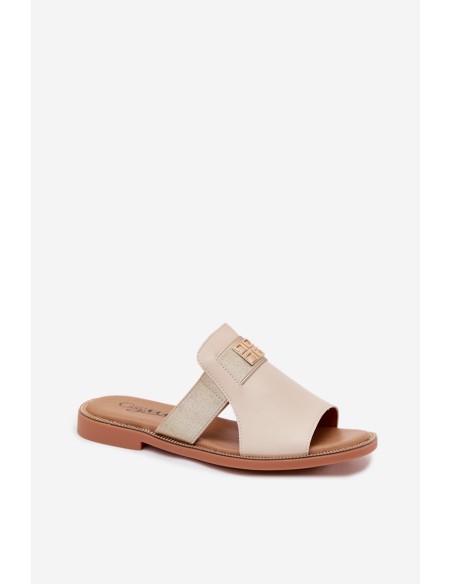 Women's Flat Beige Slides With Gold Strap Pearlie