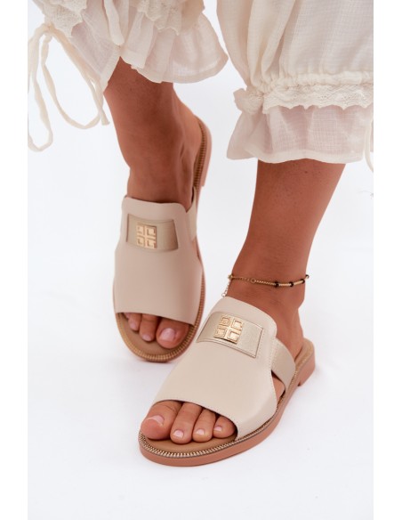 Women's Flat Beige Slides With Gold Strap Pearlie