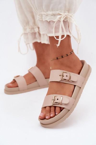 Women's Beige Slides With Gold Buckles Vilja