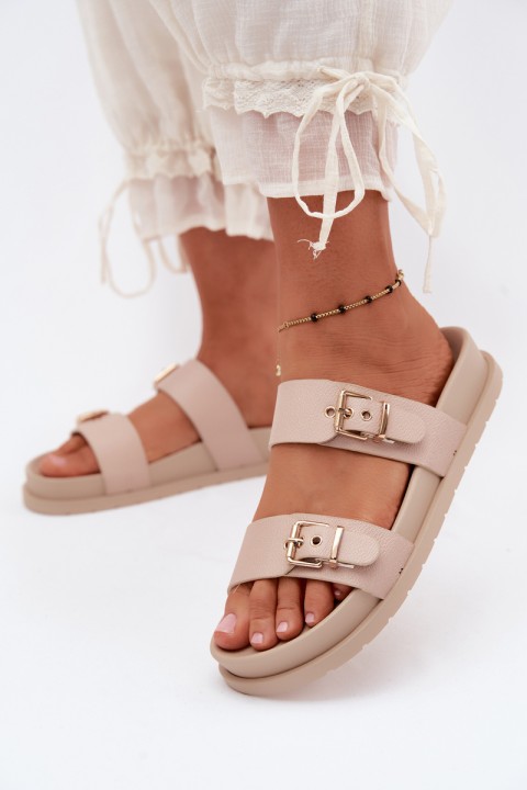 Women's Beige Slides With Gold Buckles Vilja