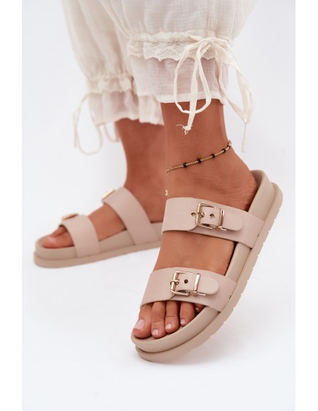 Women's Beige Slides With Gold Buckles Vilja