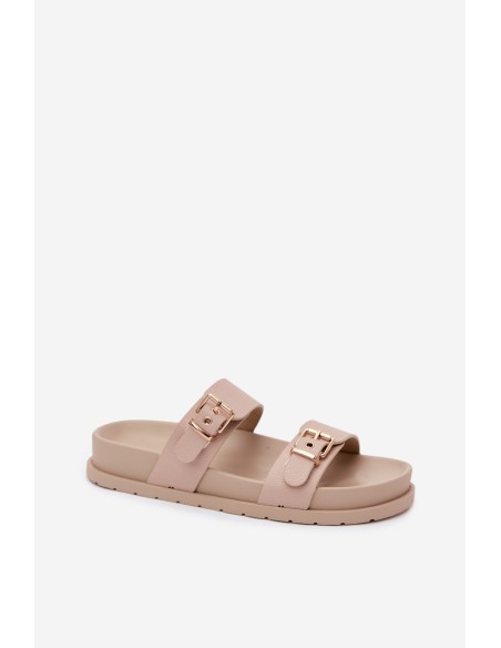 Women's Beige Slides With Gold Buckles Vilja