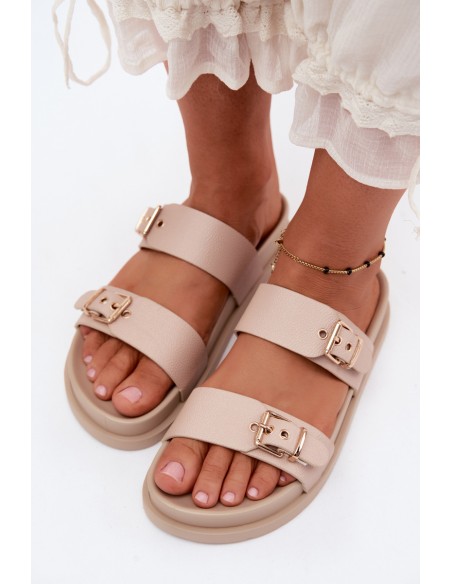 Women's Beige Slides With Gold Buckles Vilja