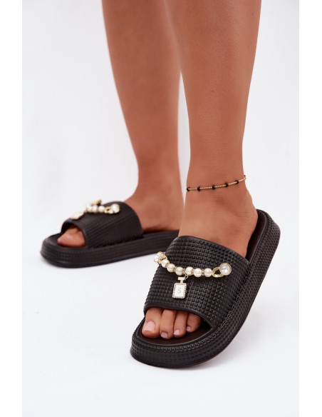 Women's Foam Slides with Decoration Black Rosehip