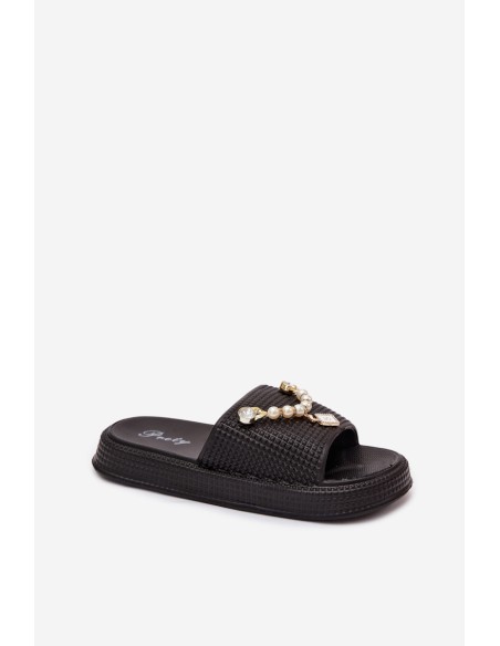 Women's Foam Slides with Decoration Black Rosehip
