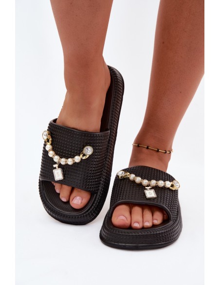 Women's Foam Slides with Decoration Black Rosehip