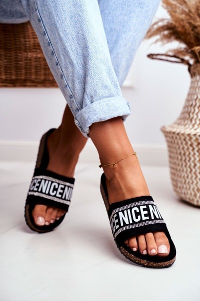 Slippers On Cork Sole With Cubic Zirconia Black Be Nice 2