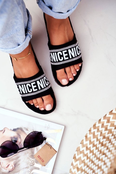 Slippers On Cork Sole With Cubic Zirconia Black Be Nice