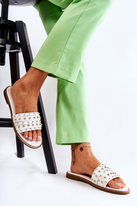 Women's Leather Slippers With Decoration White Brien