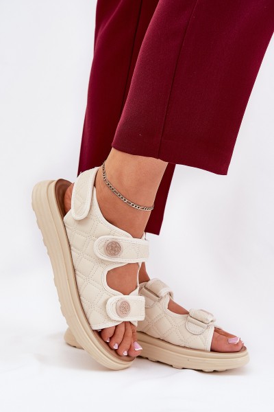 Women's Sandals With Decorative Details On Velcro Beige Zoliner