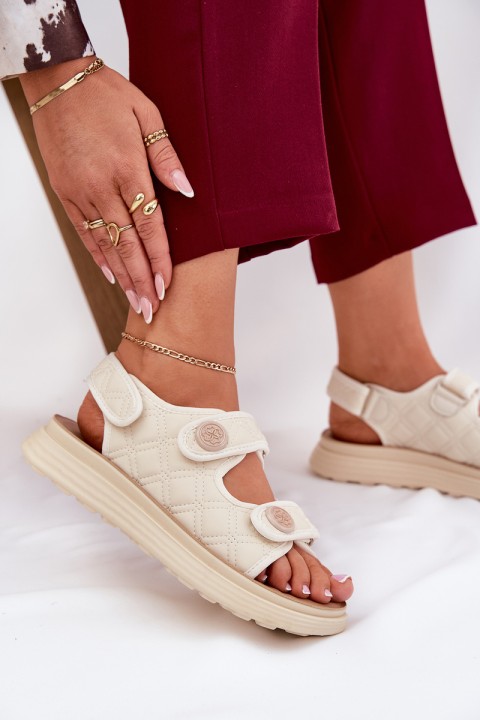 Women's Sandals With Decorative Details On Velcro Beige Zoliner