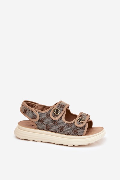 Women's Patterned Fabric Sandals With Golden Details Khaki Pefese 2