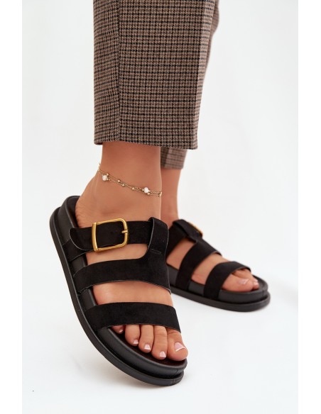 Women's Slippers With Straps And Gold Buckle Black Ulirissa