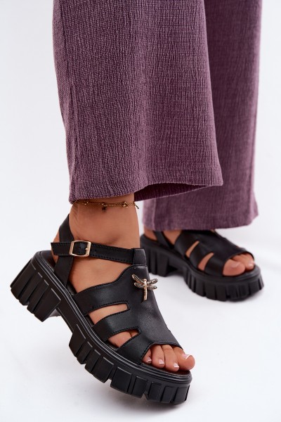 Leather Women's Platform Sandals With Dragonfly Vinceza 79627 Black