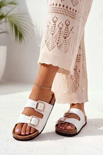 Women's White Slides With Clips On Cork Sole Bubbelia