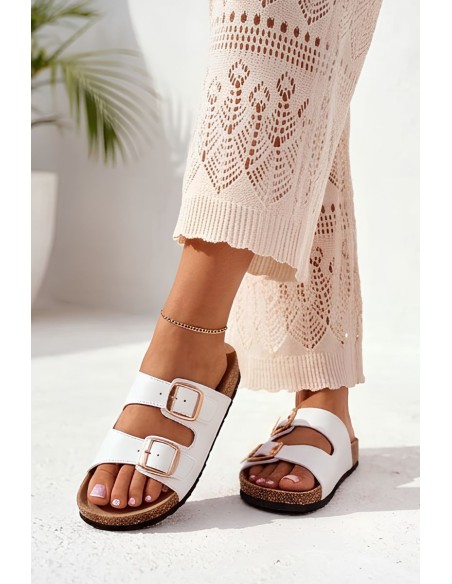 Women's White Slides With Clips On Cork Sole Bubbelia