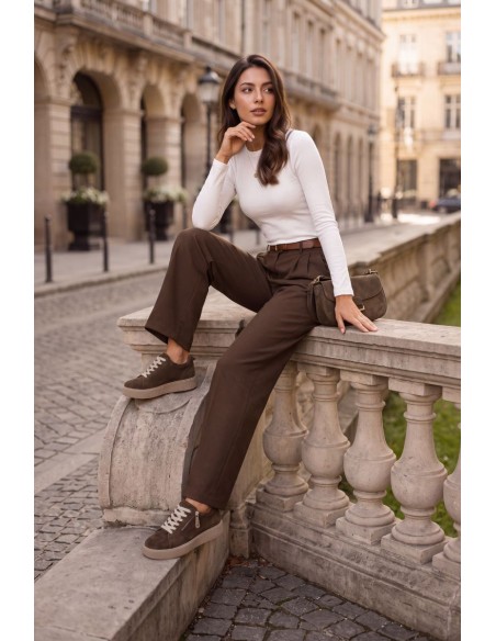 Women's Chocolate Brown Genuine Suede Platform Sneakers Corisa
