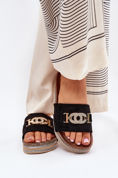 Women's Slippers With Golden Detail On Platform With Glitter Black Eanes