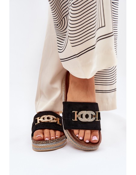 Women's Slippers With Golden Detail On Platform With Glitter Black Eanes