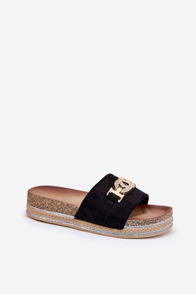 Women's Slippers With Golden Detail On Platform With Glitter Black Eanes 2
