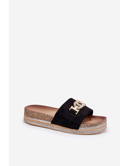 Women's Slippers With Golden Detail On Platform With Glitter Black Eanes