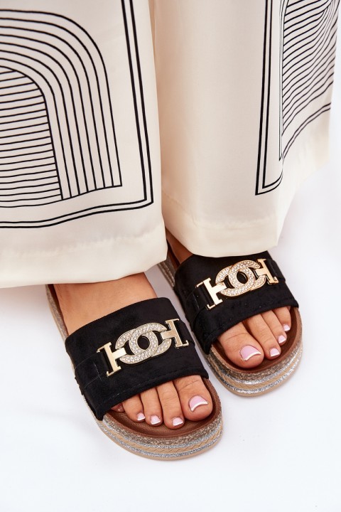 Women's Slippers With Golden Detail On Platform With Glitter Black Eanes