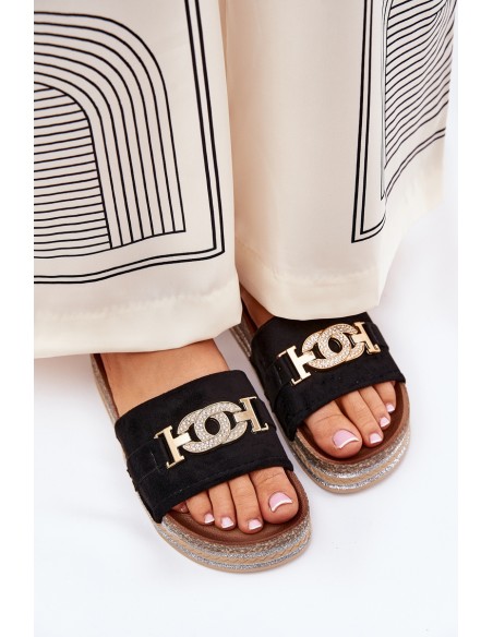 Women's Slippers With Golden Detail On Platform With Glitter Black Eanes