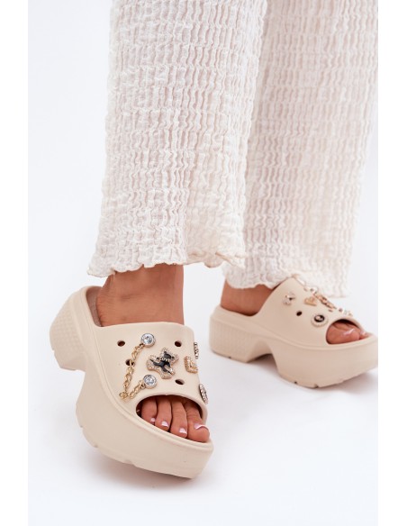 Ladies Foam Slippers On Massive Platform With Golden Pins Beige Ivoriel