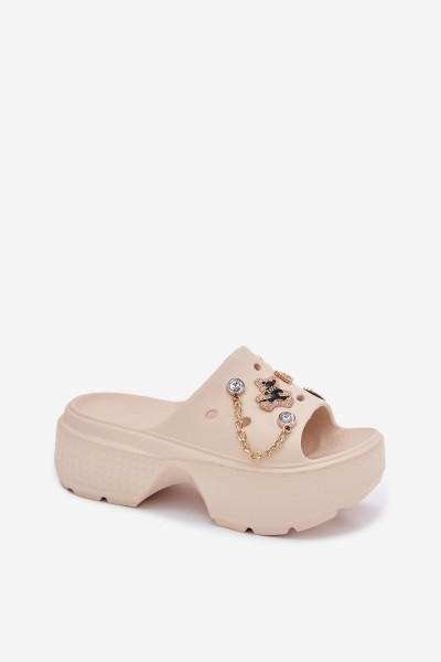 Ladies Foam Slippers On Massive Platform With Golden Pins Beige Ivoriel 2