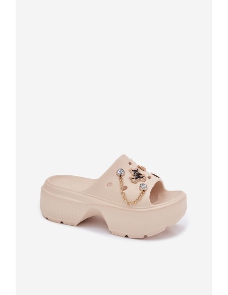 Ladies Foam Slippers On Massive Platform With Golden Pins Beige Ivoriel