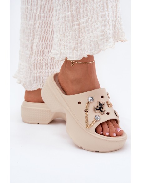Ladies Foam Slippers On Massive Platform With Golden Pins Beige Ivoriel