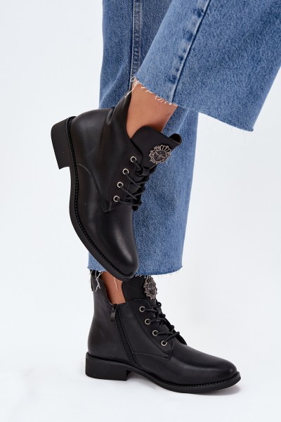 Low Women's Ankle Boots With Flat Heel With Decorative Detail Insulated Black Cylira
