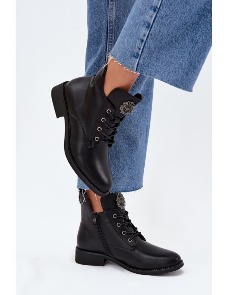 Low Women's Ankle Boots With Flat Heel With Decorative Detail Insulated Black Cylira
