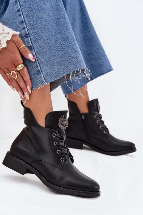 Low Women's Ankle Boots With Flat Heel With Decorative Detail Insulated Black Cylira