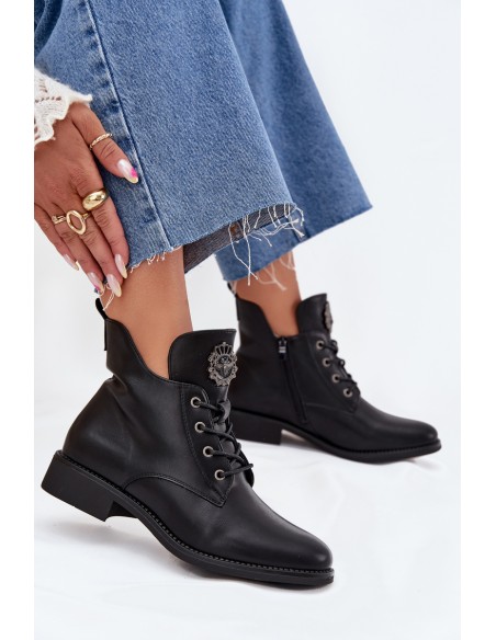 Low Women's Ankle Boots With Flat Heel With Decorative Detail Insulated Black Cylira