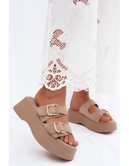 Women's Platform Sandals With Gold Buckles Faux Suede Beige Hazelia